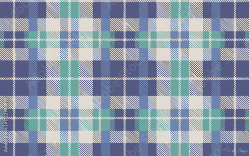 Seamless Tartan Plaid Pattern in Blue Green and Beige Tones Keywords: tartan, plaid, pattern, seamless, background, textile, fabric, texture, checkered, grid, lines, stripes
