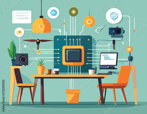 Illustration of an office space showcasing connected technological elements, including a neuromorphic chip and modern office equipment for data processing and advanced computing