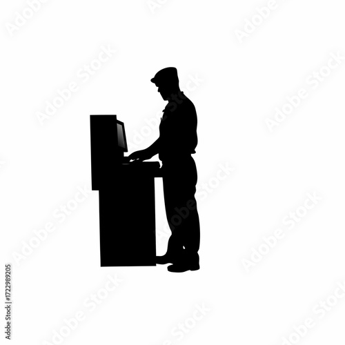 Parole officer entering data into computer system silhouette