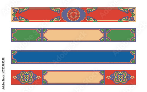 Set of Four Ornate Decorative Borders with Traditional Asian- Inspired Designs and Color Schemes
