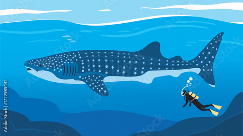 Illustration Of A Giant Whale Shark Swimming Calmly In The Blue Ocean With Divers Nearby Vector Design Template