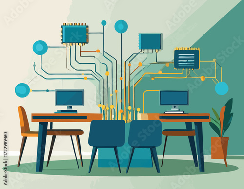 Digital office environment showcasing the integration of advanced neuromorphic chip technology for AI-driven processing and interconnected smart computing