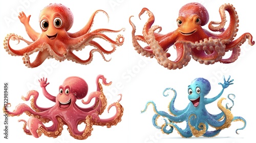 Four cheerful cartoon octopuses in red, pink, and blue hues, playfully posed with waving arms against a white background. They feature large eyes and expressive smiles