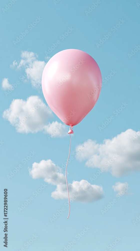 Obraz premium single pink balloon in pastel blue sky, whimsical surreal concept, minimal style, copyspace