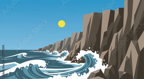 Powerful ocean waves crash against rugged cliffs under a bright sun.