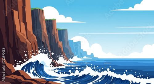 Powerful ocean waves crashing against rugged coastal cliffs under a clear sky.