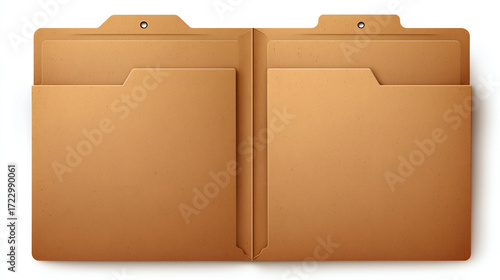 Open Brown File Folder with Dividers on White Background. Mock up promotion information for marketing announcements and details, blank white space.