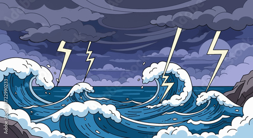 Powerful ocean waves with lightning strikes during a stormy weather.