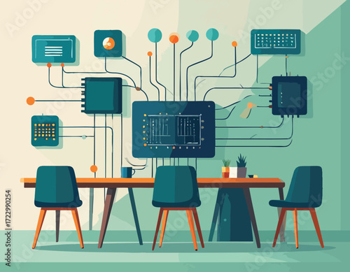 A modern meeting room adorned with data visualizations and circuit elements, symbolizing collaborative efforts in designing revolutionary neuromorphic chip technologies for advanced AI