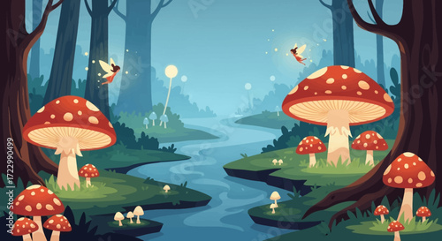 Red and white spotted mushrooms in a magical forest.