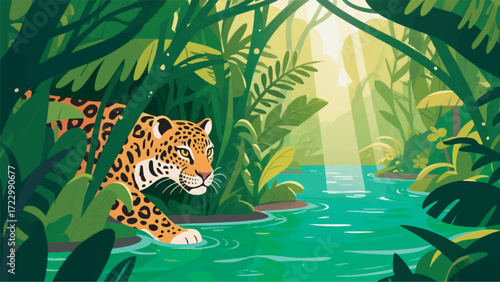 Illustration Of A Jaguar Hiding In Dense Bushes Near A Green River With Sunlight Shining Through The Leaves Vector Design Template