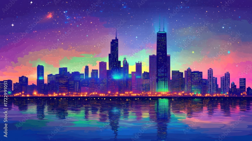 Obraz premium Colorful Cityscape Reflection Under Starry Night Sky Digital Art