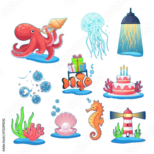 Colorful Underwater Ocean Life Icon Set