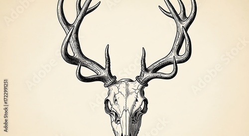 Detailed illustration of deer skull with majestic antlers in stark black and white