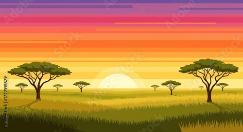 Serene African savanna landscape at sunset with acacia trees.