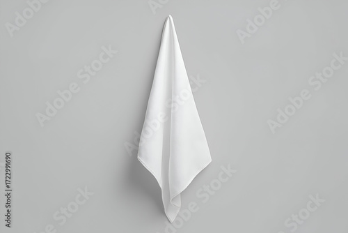Clean White Towel Hanging Against Gray Wall Background. Mock up promotion information for marketing announcements and details, blank white space.