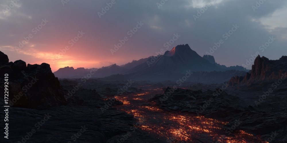 Fototapeta premium Volcanic eruption landscape hdr panoramic view remote location at dusk