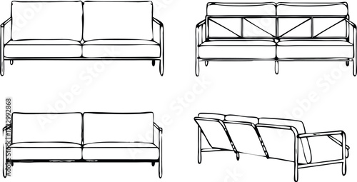 Vector art of technical drawing of a modern sofa from front, back, top, and side views 
