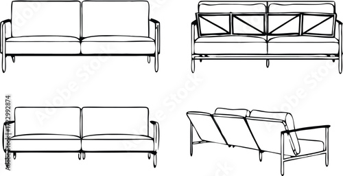 Vector art of technical drawing of a modern sofa from front, back, top, and side views 
