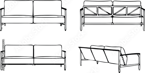 Vector art of technical drawing of a modern sofa from front, back, top, and side views 
