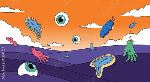 Surreal landscape with melting clocks and floating eyes.
