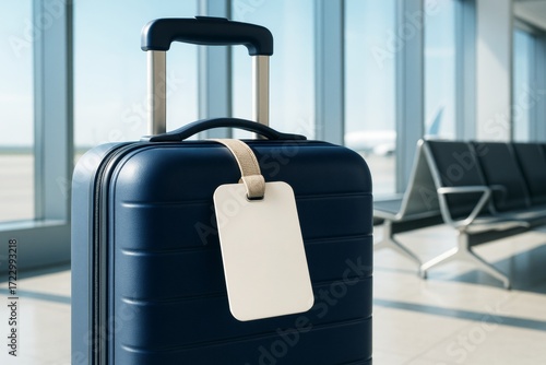 Closeup of modern navy suitcase with blank luggage tag in empty airport terminal, ideal for branding or travel design mockup presentation purposes. Ai generative