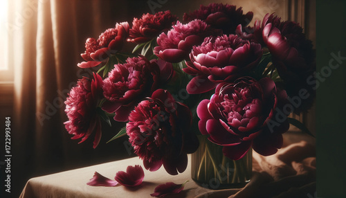 Luxurious burgundy peonies with velvet petals in soft window light—dramatic floral still life with copy space. Hero headers, wedding invites, branding, posters, home decor, spa and fragrance ads.