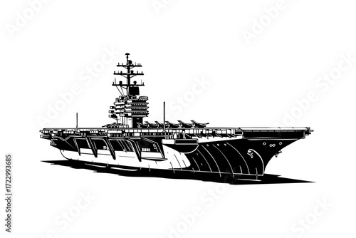 Black and White Line Art Object Illustration of Aircraft Carrier