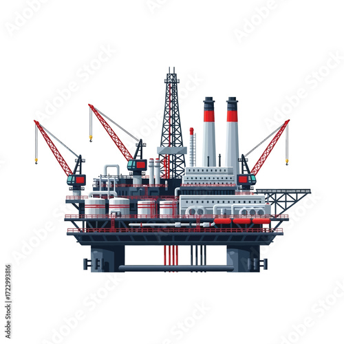 Detailed vector illustration of an offshore oil and gas drilling platform, a complex industrial structure essential for energy exploration and fossil fuel production in marine environments