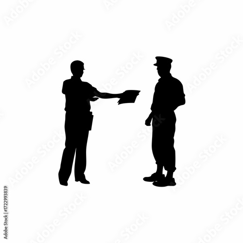 Parole officer handing legal papers to clerk silhouette