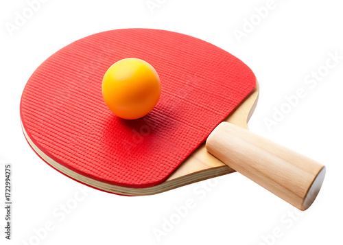 Red ping pong paddle with yellow ball on white background table tennis racket isolated on a transparent background