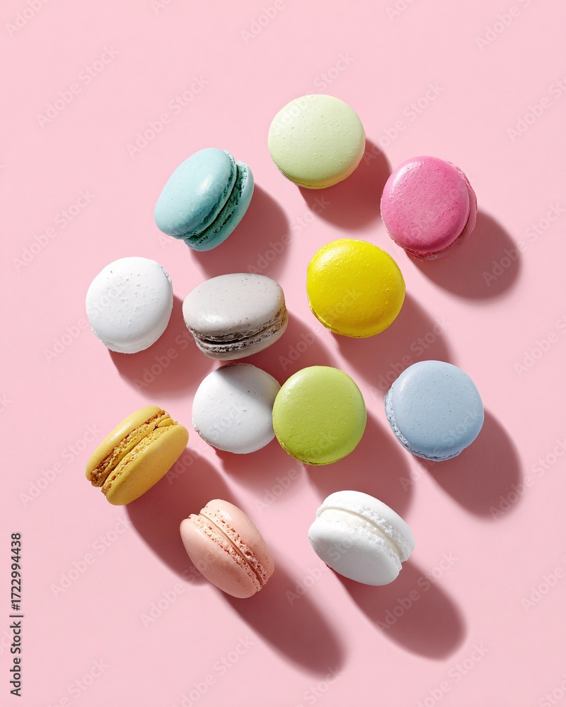 Fototapeta premium pastel-colored macarons flat lay on pink background, playful minimal food, copyspace