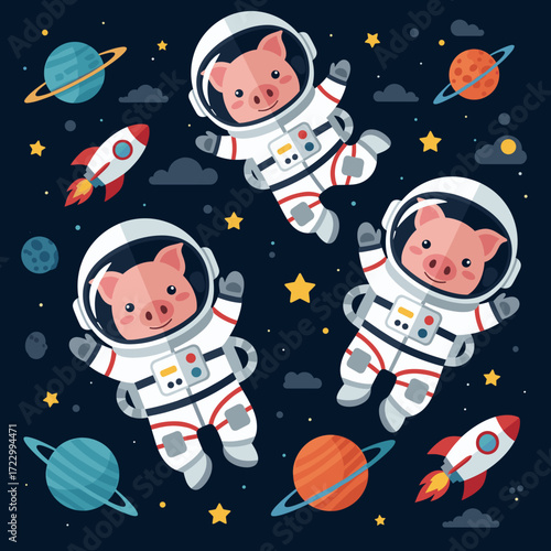 Cute pig astronauts joyfully explore a vibrant galaxy with planets and rockets Childhood dreams