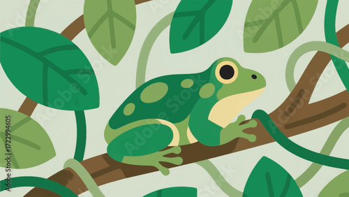 Illustration Of A Green Frog Blending In With The Broad Leaves Camouflaged In The Plant Vector Design Template