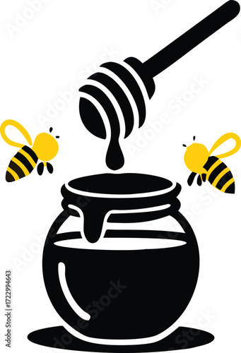 Honey dipper dripping silhouette honey into a jar with bee icon nearby, white background, flat vector illustration for World Bee Day 
