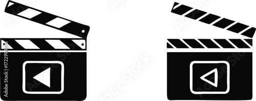 Vector art of two black and white clapperboards, one with diagonal stripes and the other with solid stripes, both featuring a play button symbol, isolated on white background