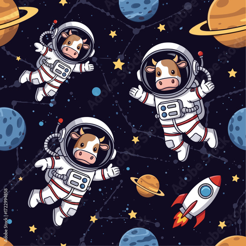 Whimsical cow astronauts float in a starry galaxy with planets and a rocket ship