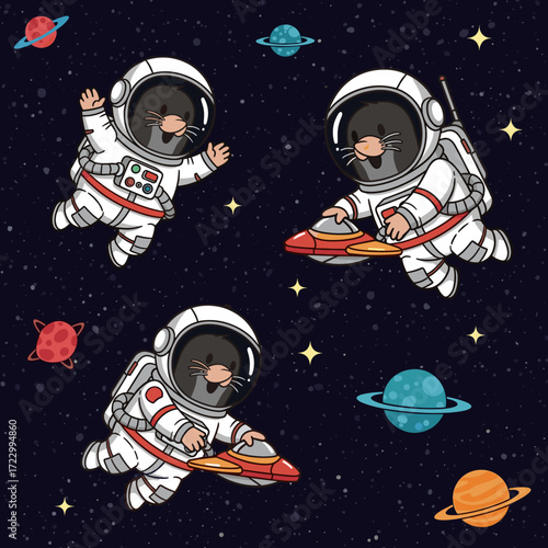 Cute cartoon moles in astronaut suits explore colorful outer space with planets Space adventure