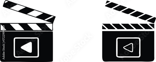 Vector art of two black and white clapperboards, one with diagonal stripes and the other with solid stripes, both featuring a play button symbol, isolated on white background