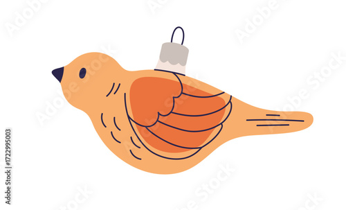 Christmas bauble in retro style. Cute bird, vintage ornament, Xmas tree decoration. Holiday adornment, antique seasonal accessory, decor. Flat vector illustration isolated on white background.