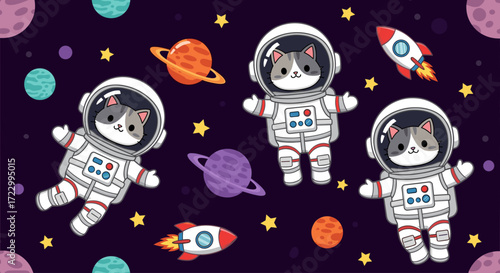 Cute cartoon astronaut cats exploring outer space with planets and rockets Fun design for kids