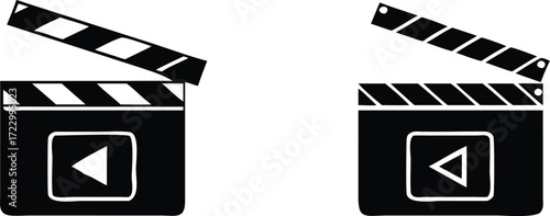 Vector art of two black and white clapperboards, one with diagonal stripes and the other with solid stripes, both featuring a play button symbol, isolated on white background