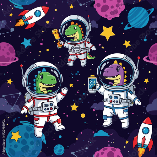 Cute dinosaur astronauts explore vibrant outer space with planets stars and rockets Fun adventure