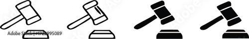 Vector art of gavel icons transitioning from outline to solid black on sound block 
