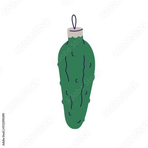 Christmas bauble in vintage style. Cucumber-shaped ornament, festive holiday toy, Xmas tree decoration. Antique retro glass pickle adornment. Flat vector illustration isolated on white background.