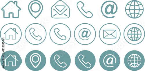 Illustration of contact information icons set, representing communication channels such as address, phone, email, website, and location details 
