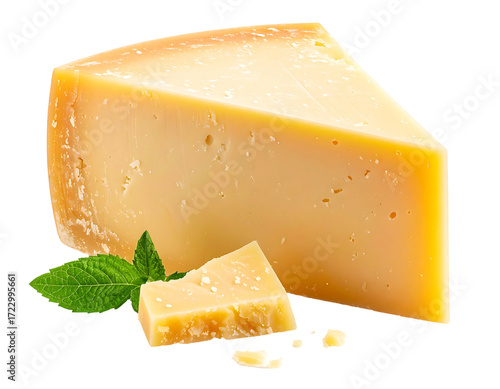 A wedge of pale yellow hard cheese with a smaller piece and fresh green herbs sits on a dark background;  small cheese crumbles are scattered nearby