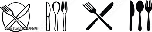 Illustration of various cutlery arrangements, including crossed knife and fork, spoon, knife, and fork combinations, isolated on white background 
