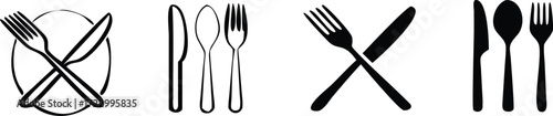 Illustration of various cutlery arrangements, including crossed knife and fork, spoon, knife, and fork combinations, isolated on white background 
