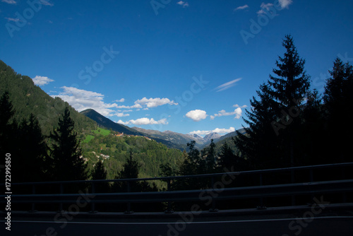 Panoramic view from Liechtenstein towards the Swiss Alps with alpine peaks
